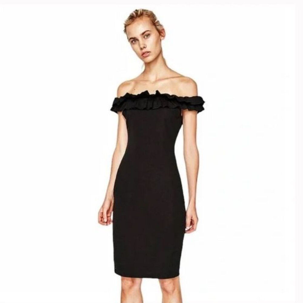 Zara Black Off the Shoulder Ruffle Bodycon Dress, NWOT, S
